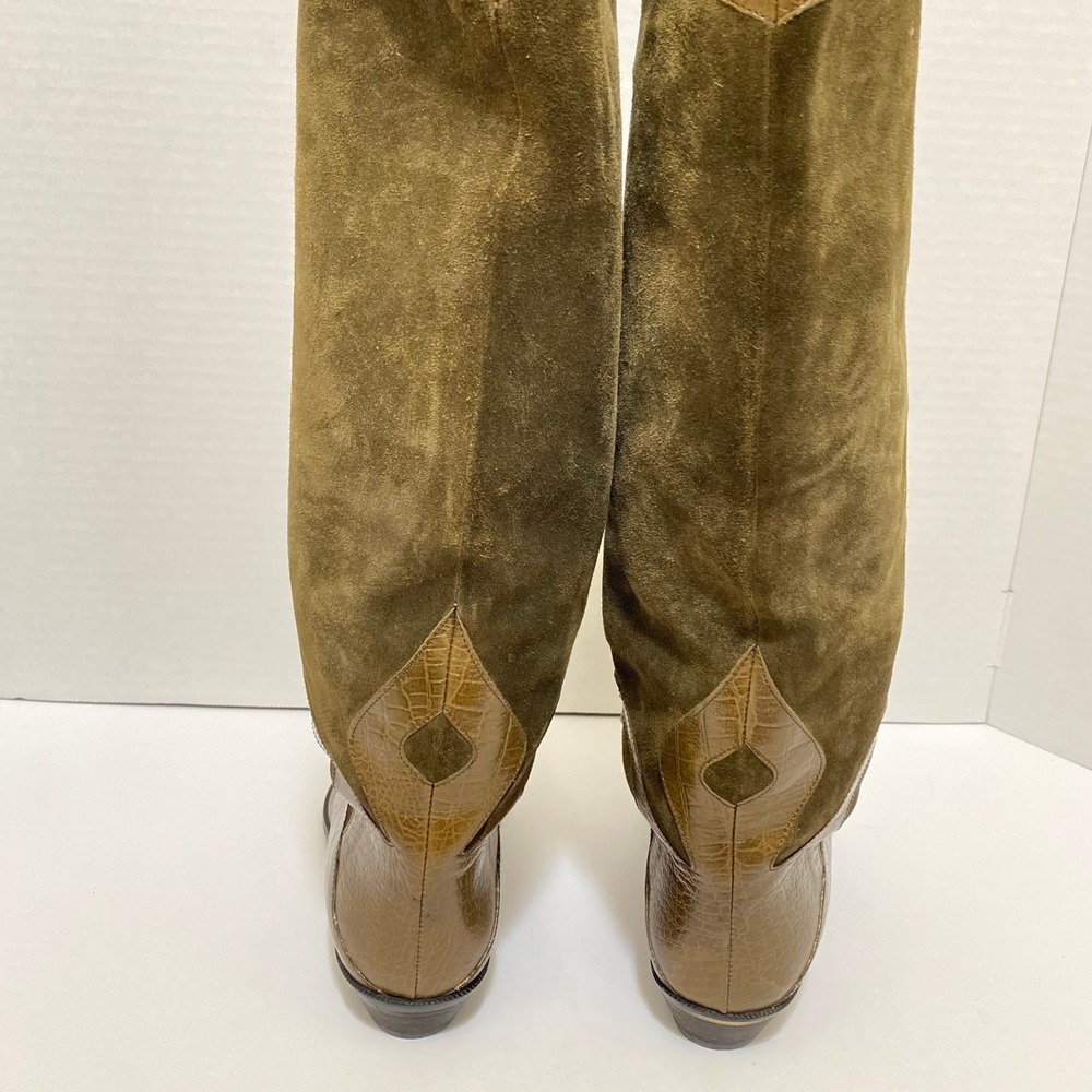 VTG 80s Bandolino Made in Italy Suede Croc Leather Westerncore Boots 9 Olive - Picture 6 of 9